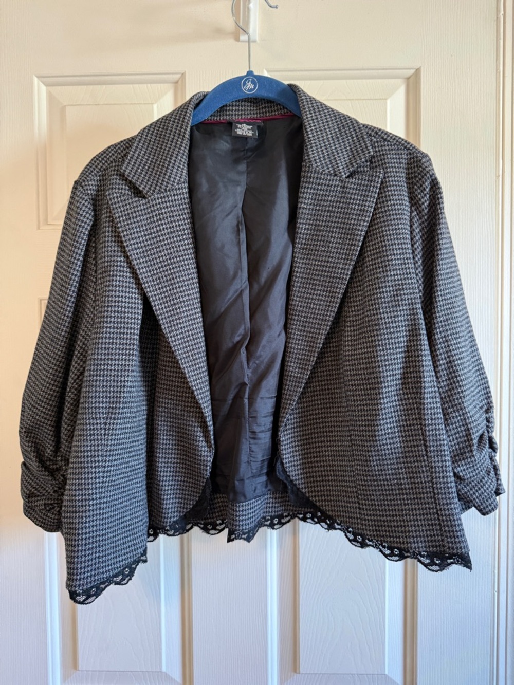 Torrid Gray Houndstooth Cropped Blazer with Lace Trim